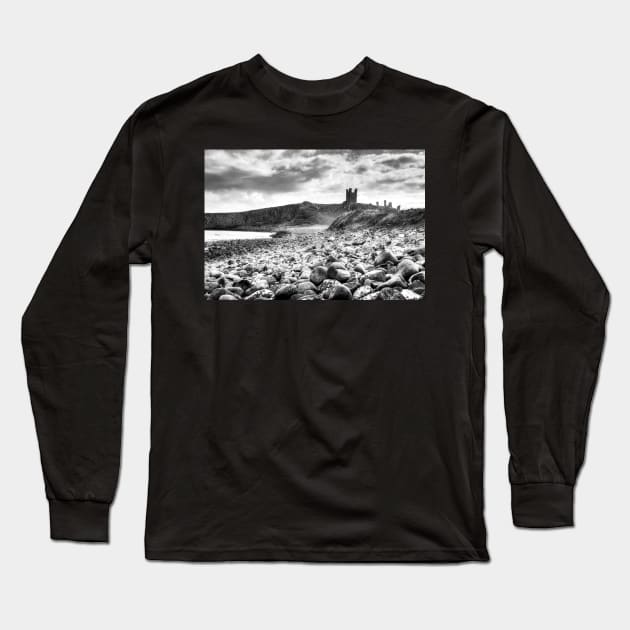Dunstanburgh Castle Northumberland Black And White Long Sleeve T-Shirt by tommysphotos